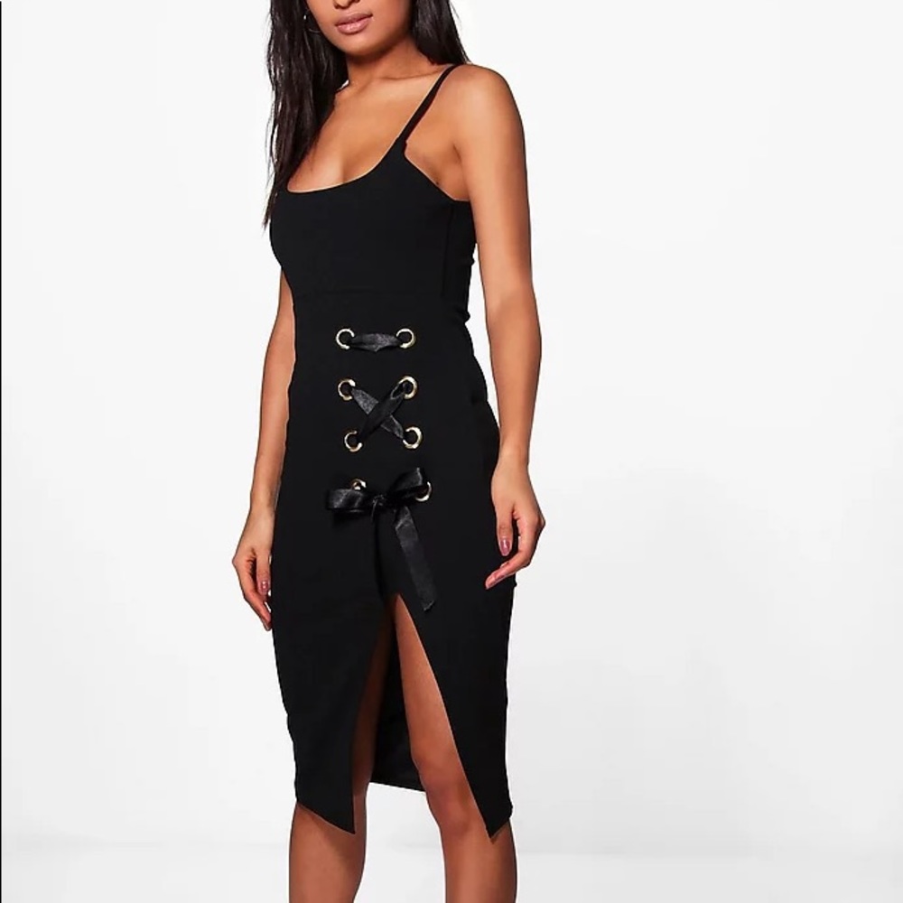 Boohoo Black Midi Dress w/ Gold Side Cutouts